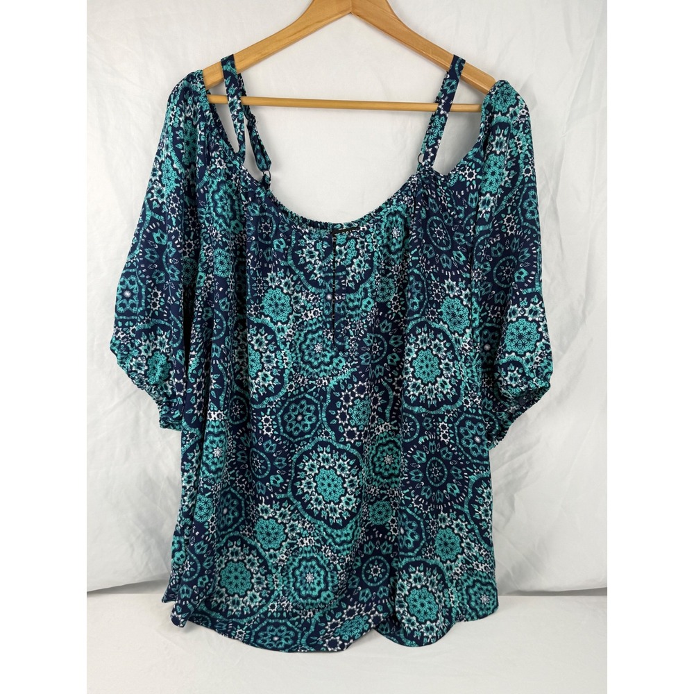 Torrid Size 3 Teal Boho Peasant Top Tie Shoulder Puff Sleeve Flowy Blouse